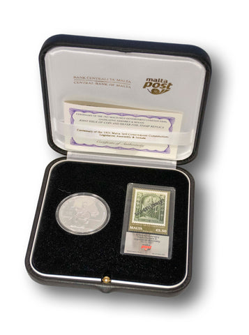 'Centenary of the Sette Giugno Riots 1919' silver coin and a silver foil stamp replica